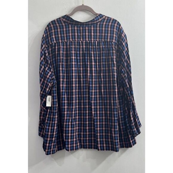 Old Navy Blouse Women XXL 2XL Blue Pink Plaid Long Sleeve Tunic V Neck Peasant - Picture 2 of 10